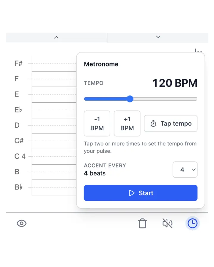 PitchLog metronome controls with tempo, tap tempo, and accent settings