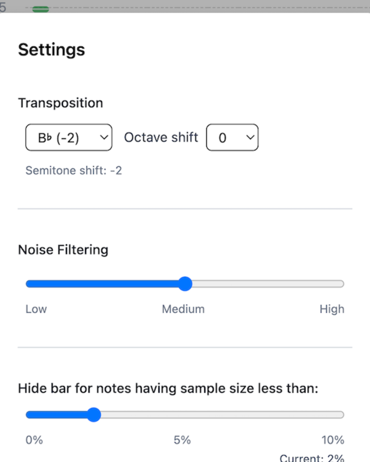 PitchLog settings panel with transposition and noise filtering controls