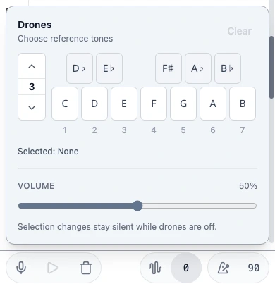 Tap the note control beside the waveform icon to choose tones, register, and volume.