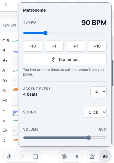 Tap the BPM control beside the metronome icon to adjust tempo, accents, sound, and volume.