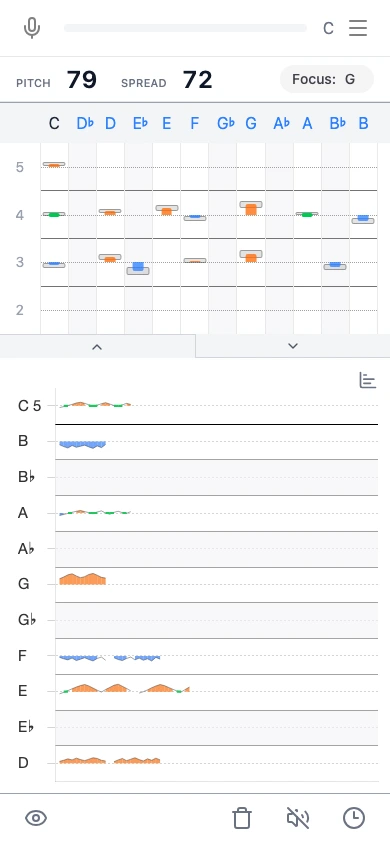PitchLog review screen showing Pitch and Spread scores with note accuracy summaries after a take