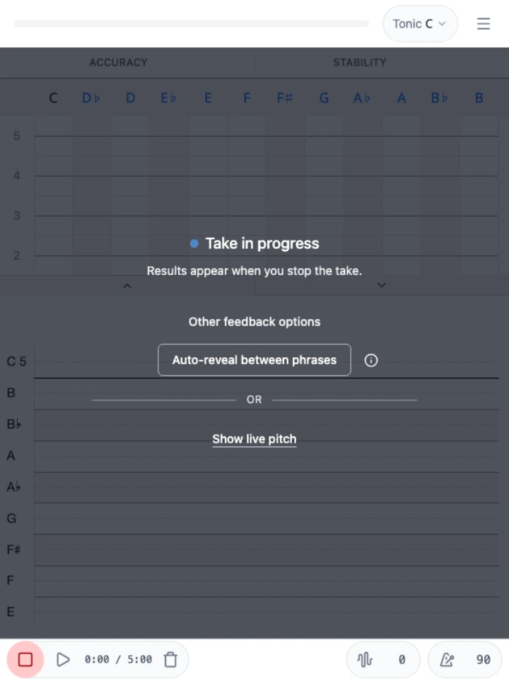 PitchLog during a take with pitch feedback hidden